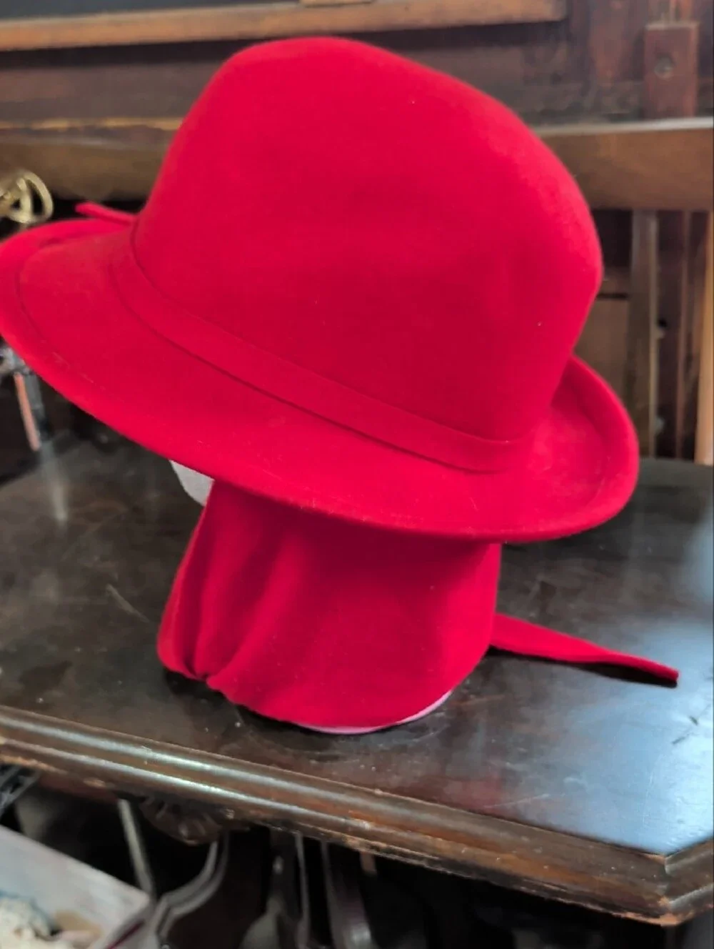 Vintage Street Smart by Betmar Red Wool Cloche Hat & Attached Scarf Set